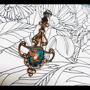 Cool Copper Tone Filigree w/ Blue Confetti Lucite